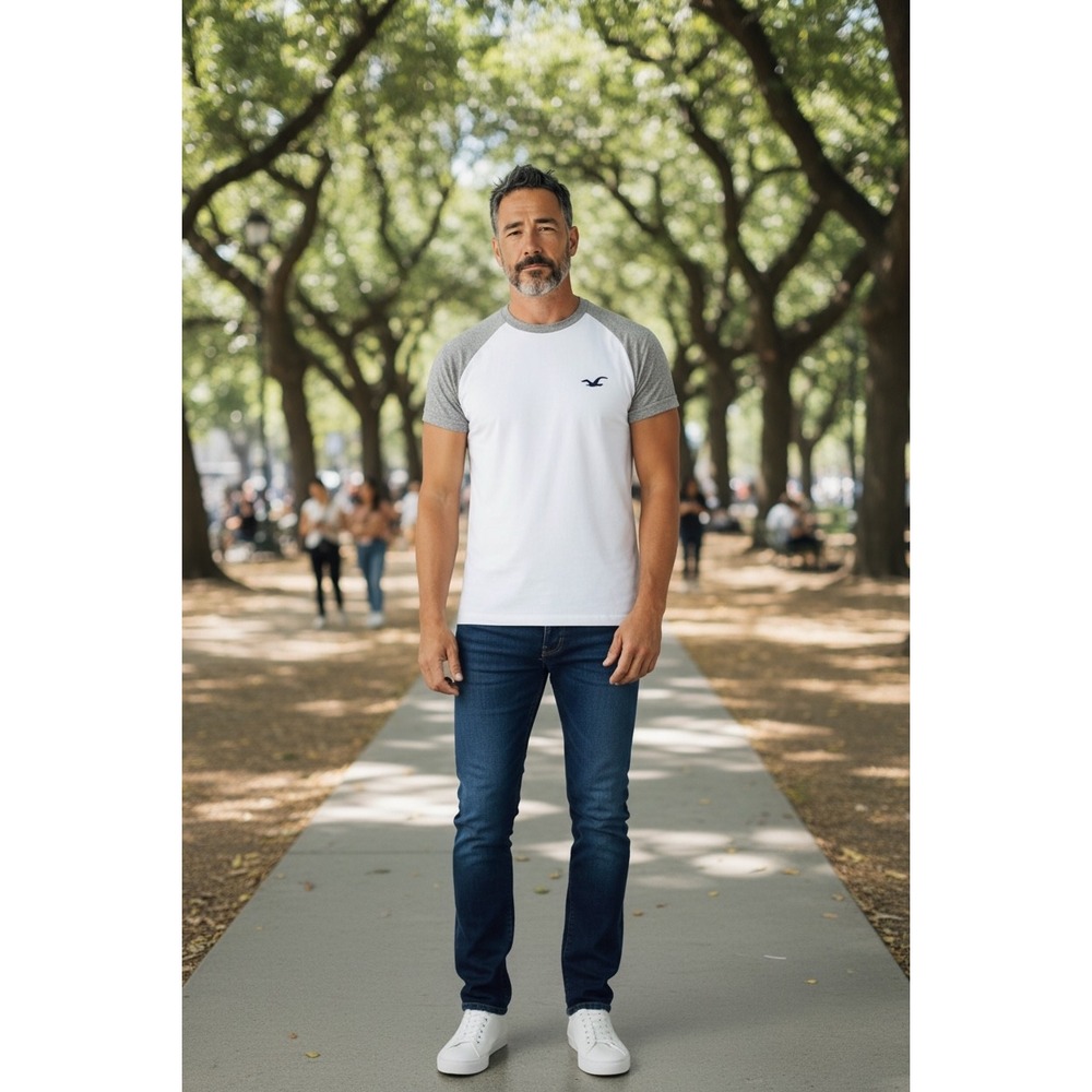 Hollister Mens White Gray Raglan Sleeve‎ T Shirt Crew Neck Logo Size L